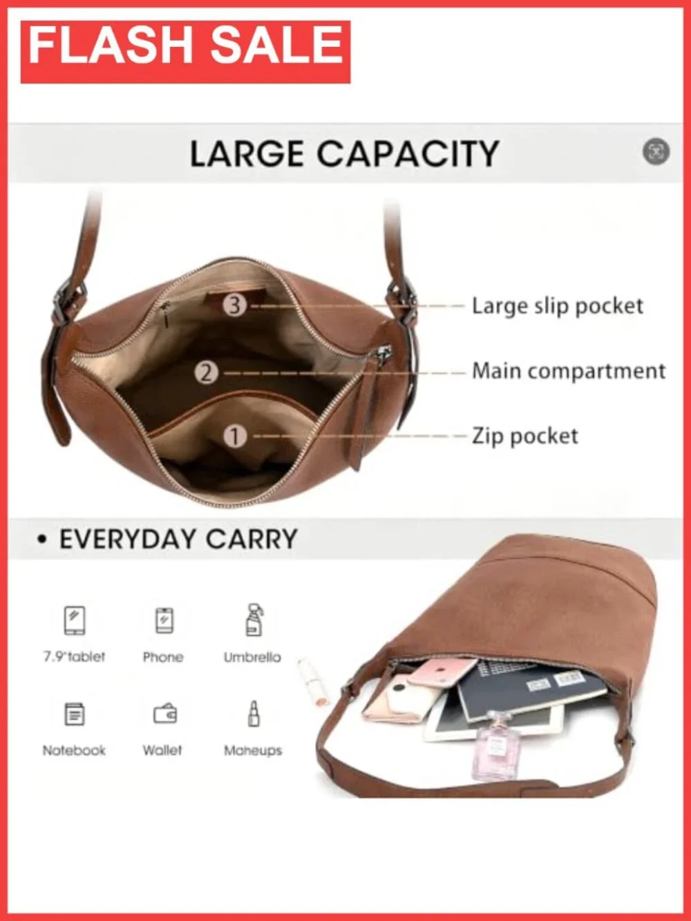 Full-Grain Leather Slouchy Hobo Tote Bag Adjustable Crossbody Shoulder Handbag
